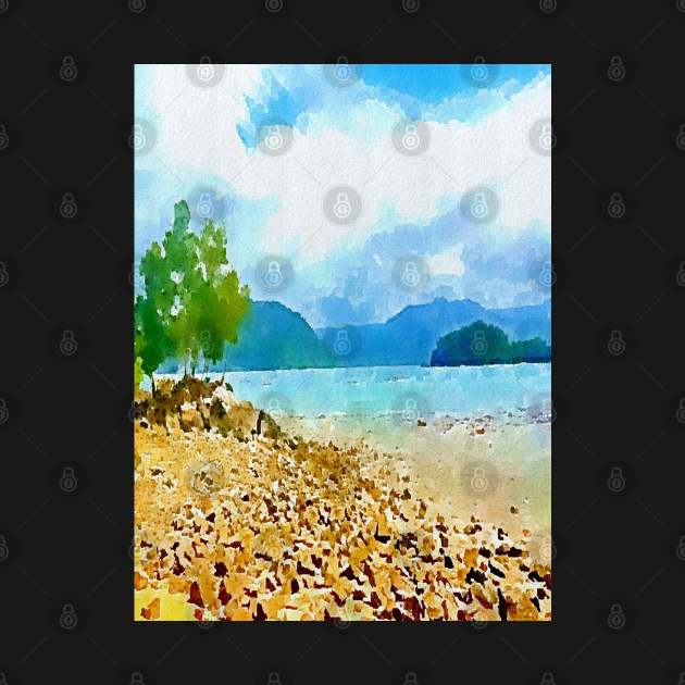 Watercolor landscape with stones at sea shore by Banyu_Urip