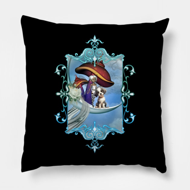 Cute fairy with her puppy on the moon Pillow by Nicky2342