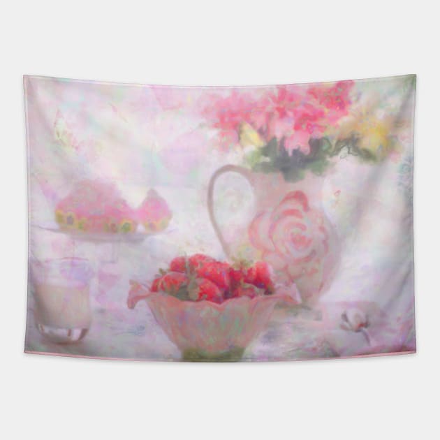 Strawberries & Cream Still Life Impressionist Painting Tapestry by BonBonBunny