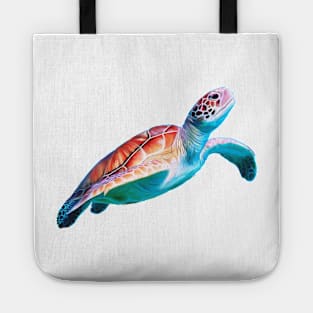 Green Sea Turtle illustration, original artwork. Vibrant turquoise, blues and reds Tote