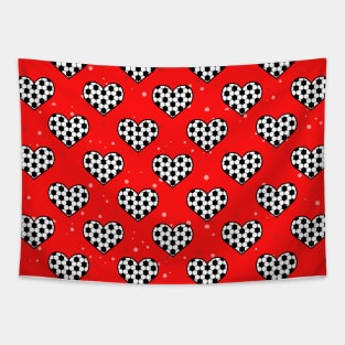 Football / Soccer Ball Texture In Heart Shape - Seamless Pattern on Red Background Tapestry