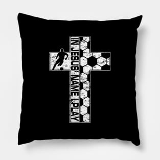 Jesus Name I Play Soccer White Christian Cross Pillow