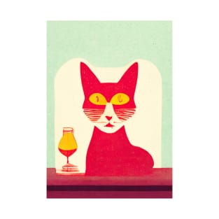 Red Bartender Cat Retro Poster Vintage Art Booze Wall Green Pink Illustration T-Shirt