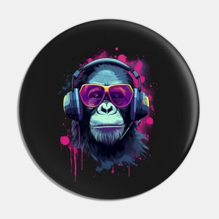 Retro Synthwave Chimpanzee Listening to Music Pin