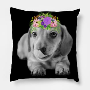 Dachshund Puppy with Floral Crown Pillow
