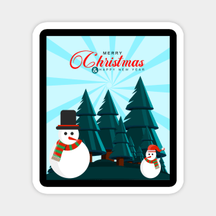 Merry Christmas and New Year greetings with snowman and pine tree with snow Magnet