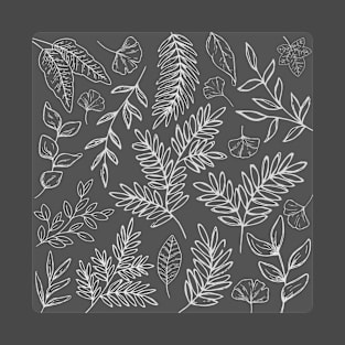 Botanical Visions - Line Drawn Leaves Pattern Grey T-Shirt