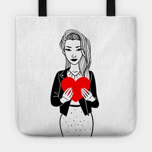 Stylish girl in a jacket with big heart Tote