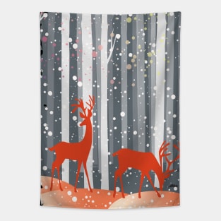 Enchanted forest, winter forest, forest with red deer Tapestry