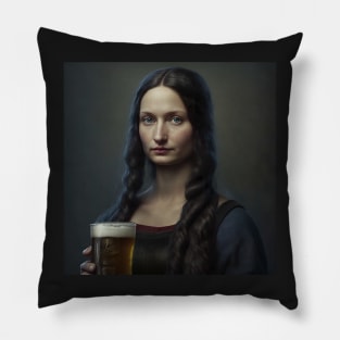 Realistic Mona Lisa Holding Beer Portrait Pillow