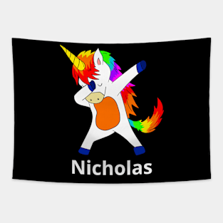 Nicholas First Name Personalized Dabbing Unicorn Tapestry