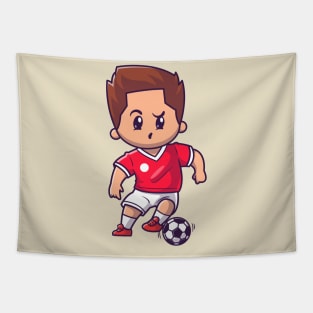 Cute Boy Playing Soccer Cartoon Tapestry