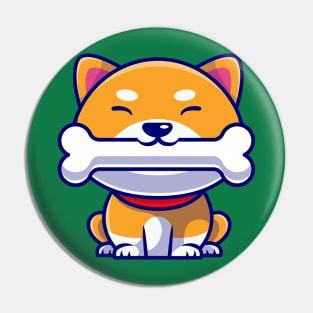 Cute Shiba Inu Dog Eating Bone Cartoon Pin