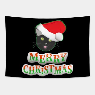 Merry Christmas Smiling Cat Wearing a Santa Claus Hat (Text on Bottom) Tapestry