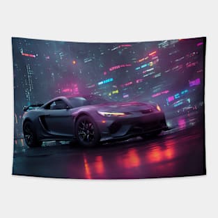 Dark Neon City Sports Car Tapestry