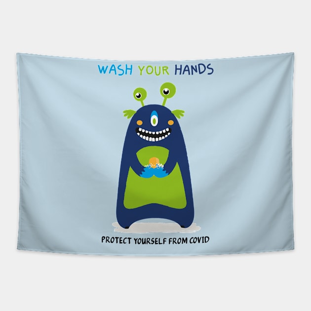 Wash your hands - happy monster Tapestry by grafart