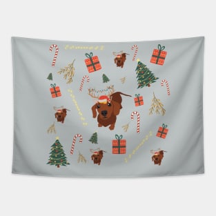 Dachshund Dog with Reindeer Ear and Christmas Decorations such as Tree, Gift, Mistletoe or Candy Cane Tapestry