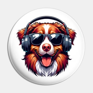 Nova Scotia Duck Tolling Retriever as Smiling DJ with Headphones and Sunglasses Pin