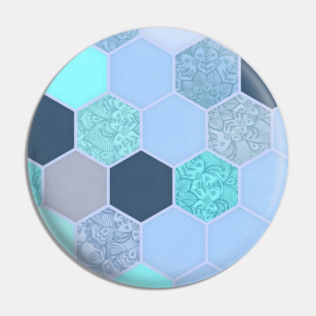 Denim Blue, Aqua & Indigo Hexagon Doodle Pattern Pin by micklyn