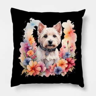 A west highland white terrier decorated with beautiful watercolor flowers Pillow