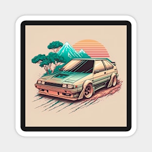 Japanese Vintage Car Illustration Mount Fuji Magnet