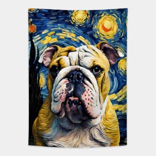 English Bulldog Dog Breed Painting in a Van Gogh Starry Night Art Style Tapestry