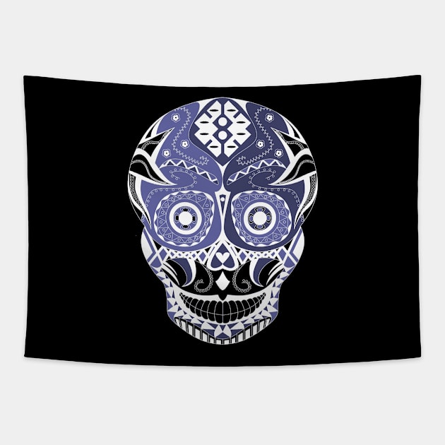 skull mania ecopop tribal mexican art in blue Tapestry by jorge_lebeau