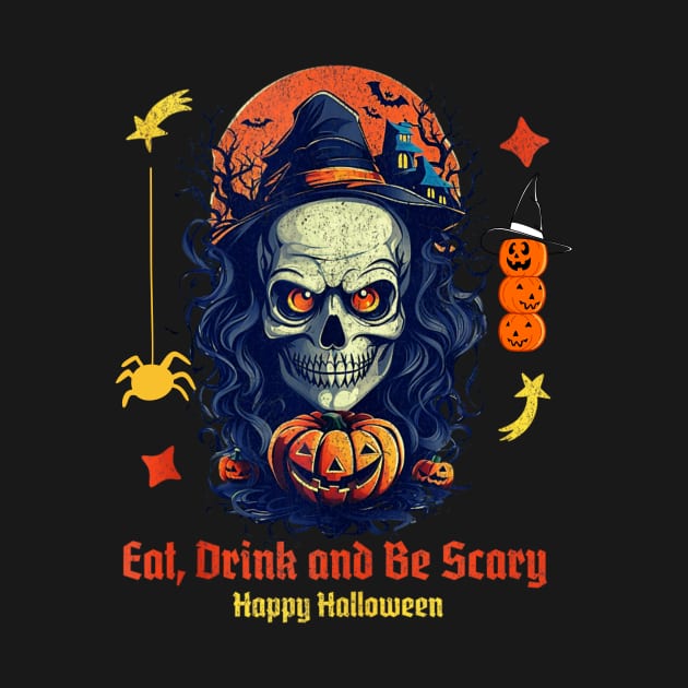 Eat Drink & Be Scary Cool Halloween Skeleton Graphic Design by Mega-st