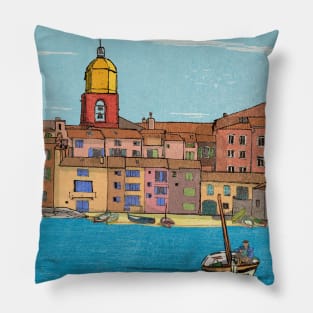 Harbour View St Tropez France Retro Inspired Style Illustration Pillow