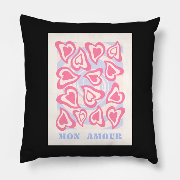 Mon amour, Hearts, Danish pastel, Groovy art, Preppy decor, Valentine's Day, Y2K aesthetic Pillow by KristinityArt