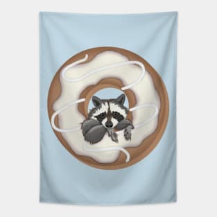 Cute raccoon and Yummy donut with white glaze Tapestry