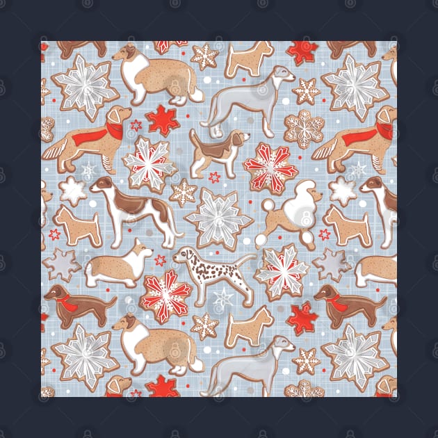 Catching ice and sweetness // pattern // pastel blue background gingerbread white brown grey and dogs and snowflakes neon red details by SelmaCardoso