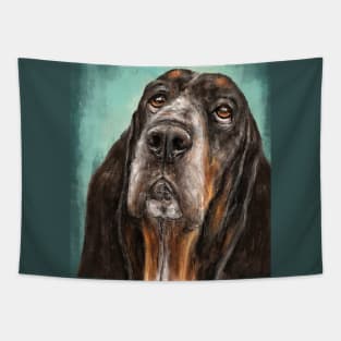 Painting of a Basset Hound Dog Looking Up Turquoise Background Tapestry