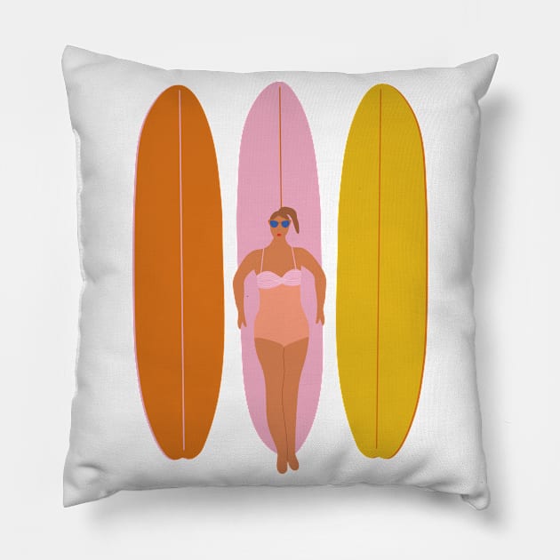 Girl and three surfboard Pillow by grafart