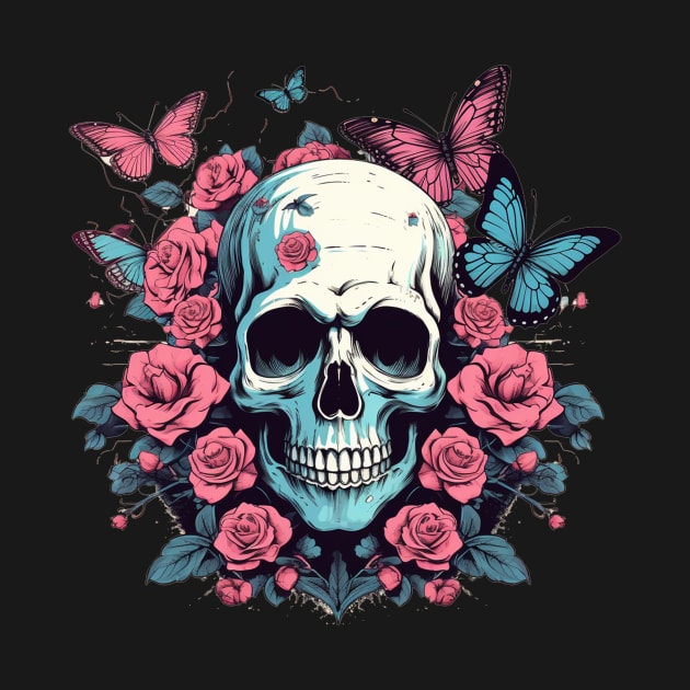 Skull with Flower Roses and Butterflies by TOKEBI