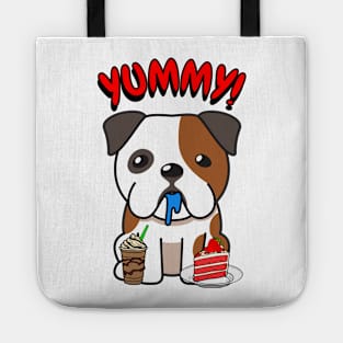 Cute english bulldog is having coffee and cake Tote