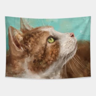 Painting of a White and Orange Cat Looking to the Side Tapestry