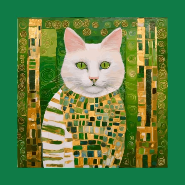 White Klimt Cat with Green Eyes Dressed in Green and Gold by bragova