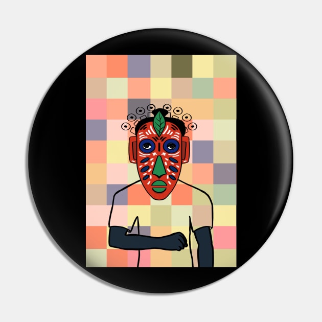 South Korea - Dark Male Character with African Mask and Pixel Background Pin by Hashed Art