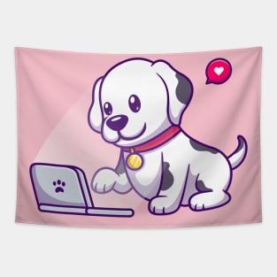 Cute Dalmatian Dog Playing Laptop Cartoon Tapestry