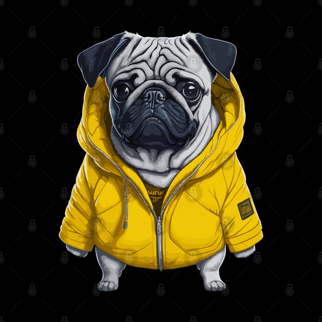 Funny Pug Dog Wearing a Yellow Jacket by StarMa