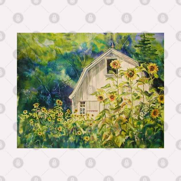 Sunflower Lover's Watercolor Landscape With Barn by CunninghamWatercolors