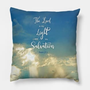 Psalm 27:1 The LORD is my Light and my Salvation - Bible Verse Scripture with Glorious Sunlight Rays and Clouds Pillow