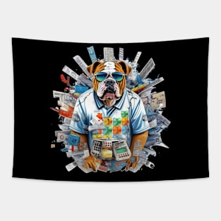 Accountant English Bulldog t-shirt design, a bulldog wearing a visor and holding a pen Tapestry