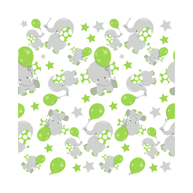 Pattern Of Elephants, Cute Elephants - Green Gray by Jelena Dunčević