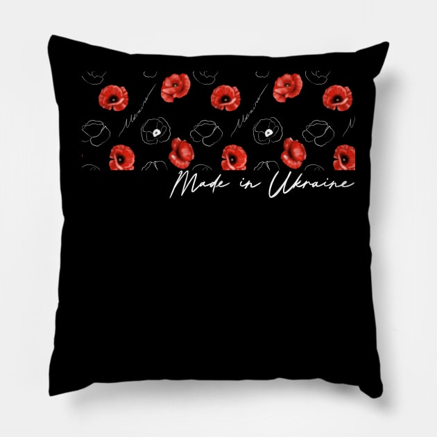 Poppies pattern with text English Made in Ukraine. Pillow by Olena Tyshchenko