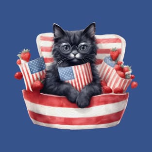 Patriotic Black Cat, 4th of July Design T-Shirt