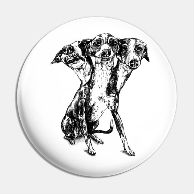 Three Headed Greyhound Cerberus Dog Pin by Tasmin Bassett Art