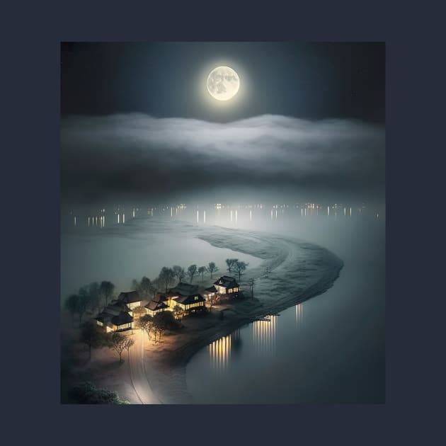 A view from sky of a full moon floating over clouds overlooking beach village by UmagineArts