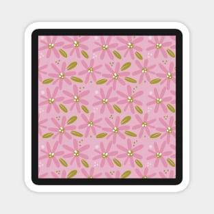 Cute pink abstract flowers and green leaves in a fun playful flowerpower pattern Magnet